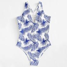 Shein Leaf Print Caged Back Swimsuit