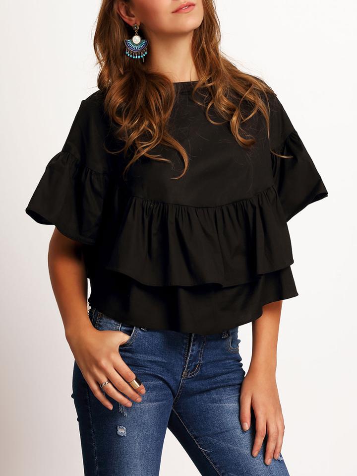 Shein Black Crew Neck Ruffle Loose Crop Blouse