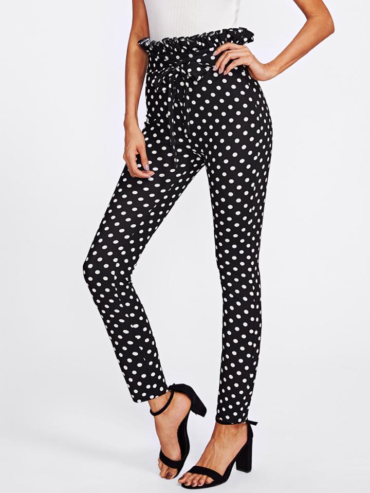 Shein Frill Tied Waist Polka Dot Skinny Pants