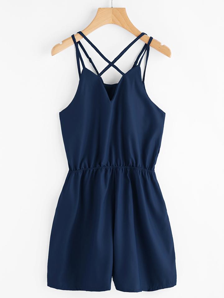 Shein Criss Cross Strap Detail Elastic Waist Satin Romper
