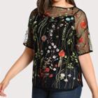 Shein Plus Botanical Embroidered 2 In 1 Mesh Top