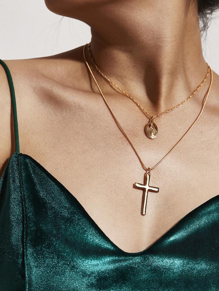 Shein Cross & Round Pendant Necklace Set 2pcs