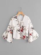 Shein Trumpet Sleeve Floral Print Lace Up Pleated Blouse