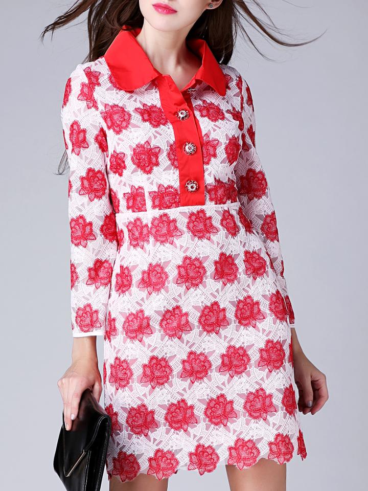 Shein Red Lapel Long Sleeve Embroidered Dress