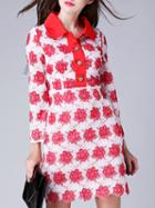 Shein Red Lapel Long Sleeve Embroidered Dress