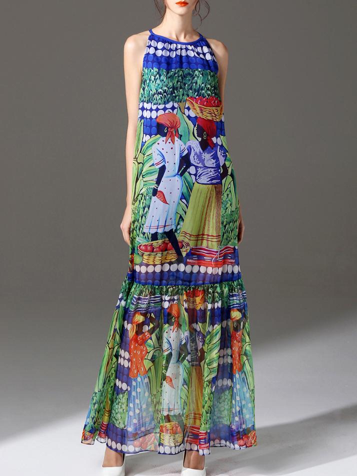 Shein Blue Halter Character Print Maxi Dress