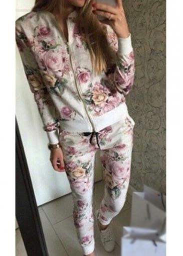 Rosewe Zip Closure Flower Print Two Piece Jumpsuit
