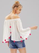 Shein Pom Pom Trim Trumpet Sleeve Overlap Back Dot Jacquard Top