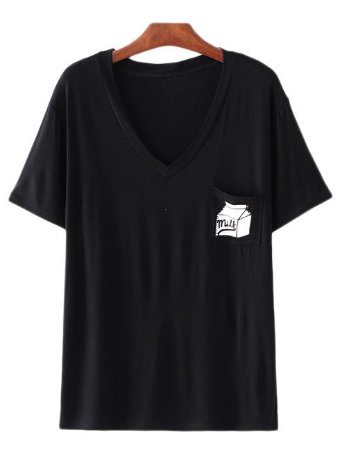 Shein Black V Neck Milk Box Print Pocket T-shirt