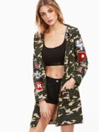 Shein Olive Green Camo Print Hooded Coat With Patch Detail