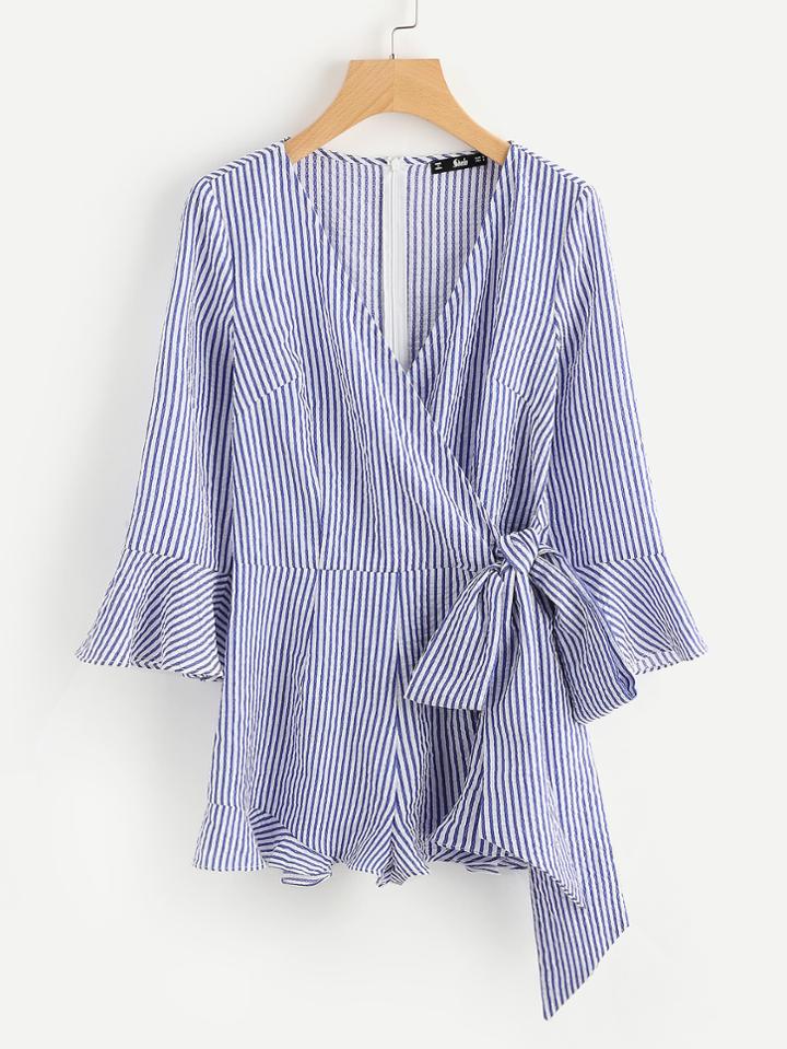 Shein Bell Sleeve Frilled Trim Surplice Wrap Romper