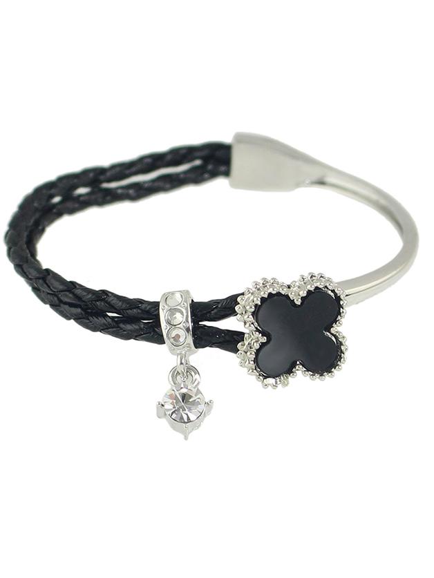 Shein Black Rhinestone Braided Pu Leather Chain Link Bracelet