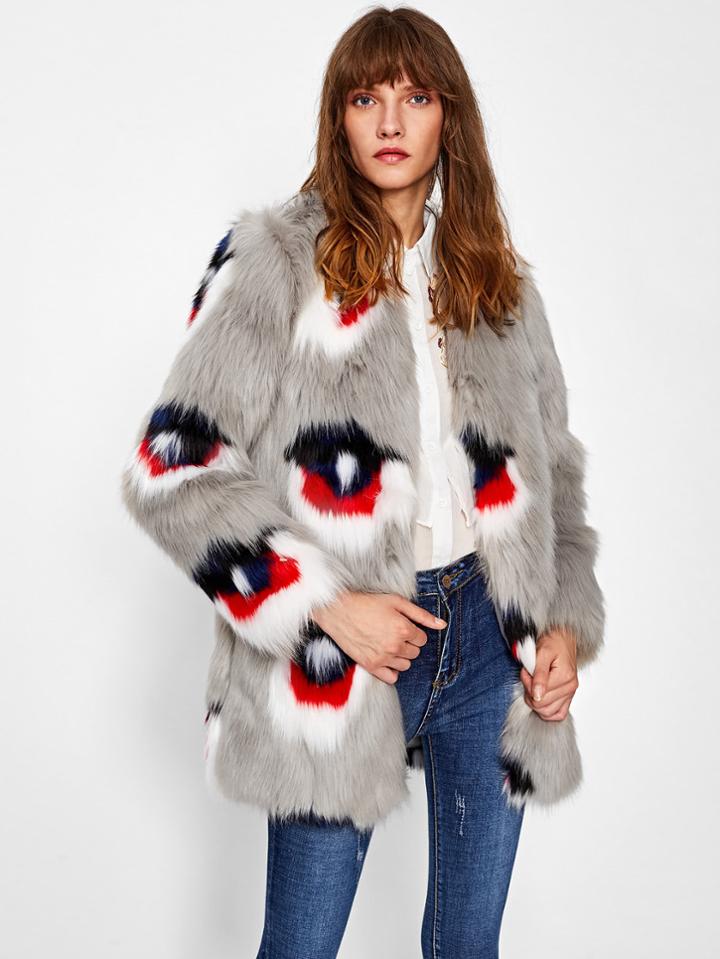 Shein Colorful Pattern Faux Fur Open Front Coat