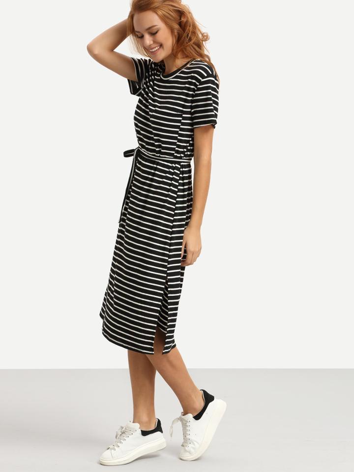 Shein Belted Black White Striped Tee Dress
