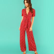 Shein Calico Print Surplice Wrap Jumpsuit