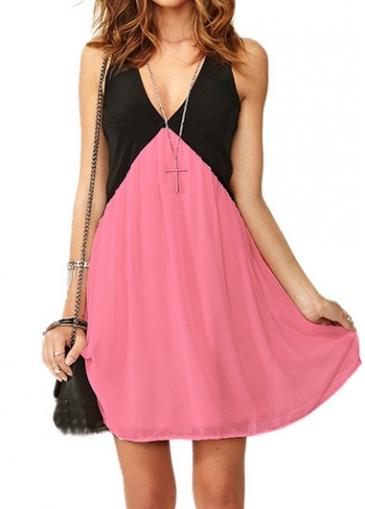 Rosewe Sleeveless V Neck Color Block Chiffon Dress