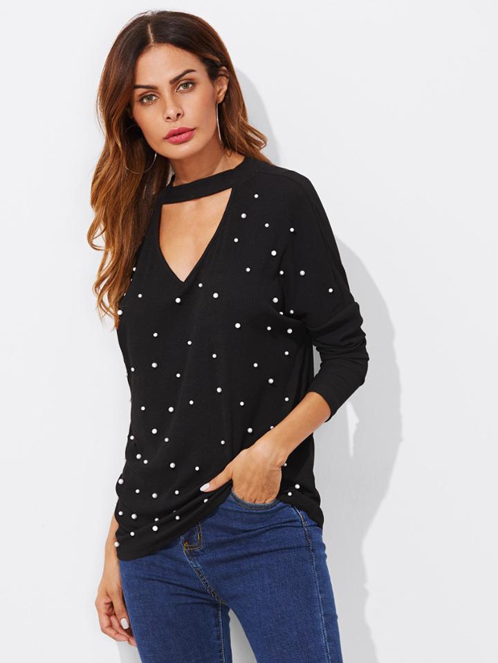 Shein Pearl Beading V Cut Choker Top