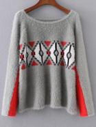 Shein Grey Graphic Pattern Raglan Sleeve Mohair Sweater