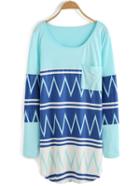 Shein Blue Round Neck Geometric Print Pocket T-shirt