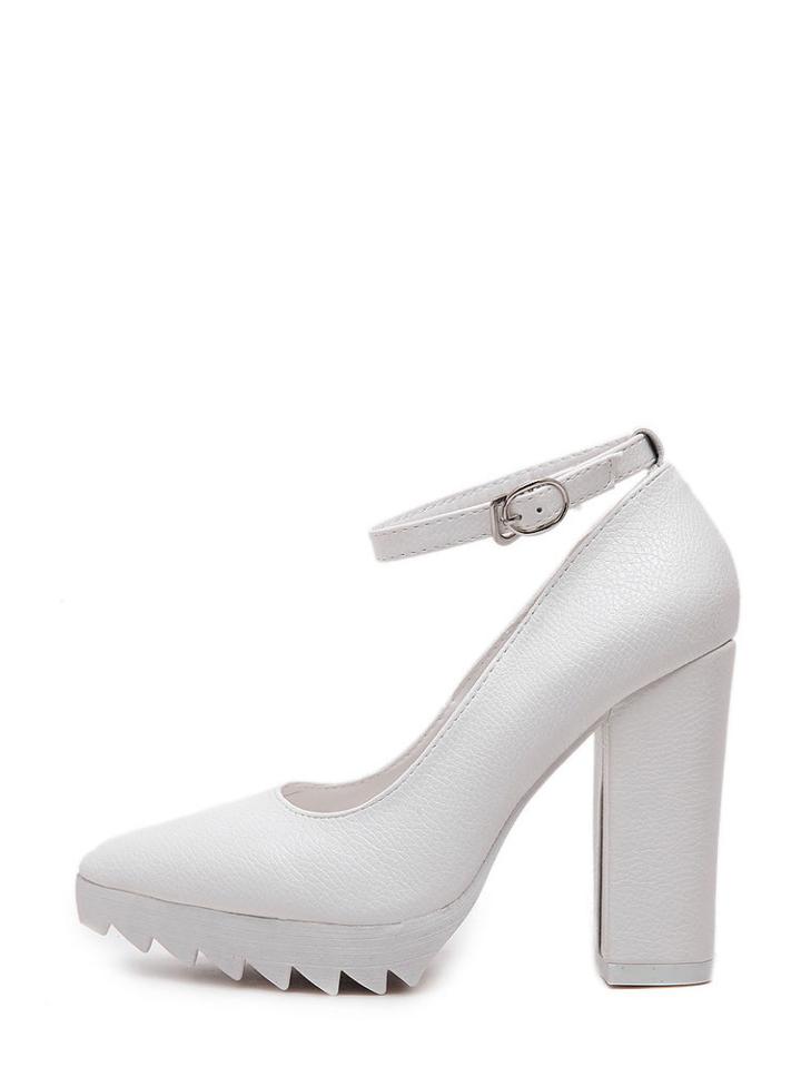 Shein White Pointed Toe Buckle Zigzag Platform Chunky Pumps