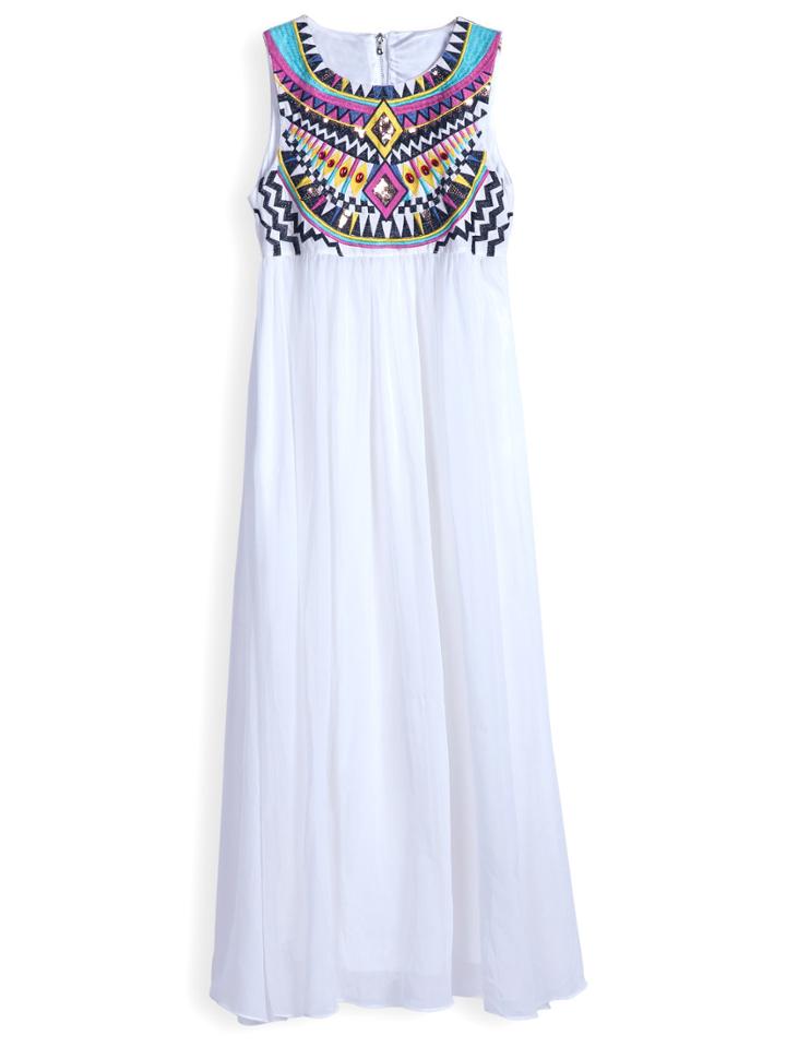 Shein White Sleeveless Embroidery Argyle Triangle Pleated Chiffon Dress