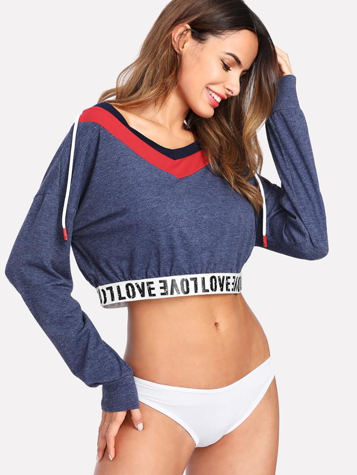Shein Letter Tape Detail Crop Marled Hoodie