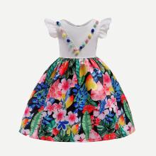 Shein Girls Pom Pom Contrast Floral Dress