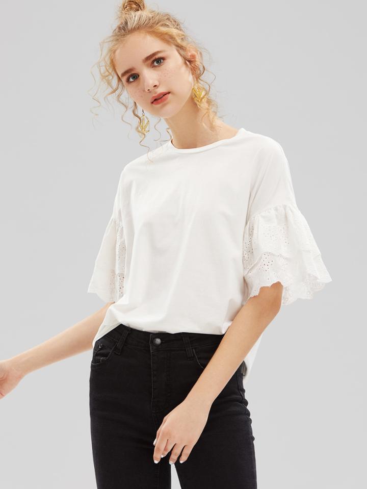 Shein Layered Eyelet Embroidered Ruffle Sleeve T-shirt