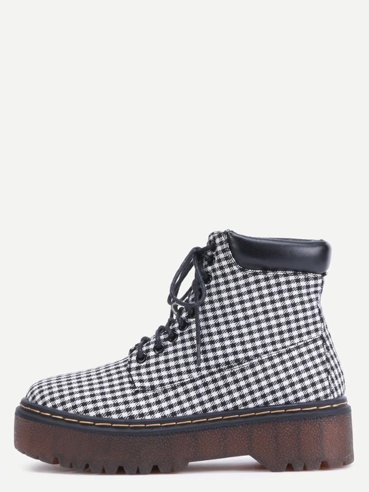 Shein Plaid Cloth Round Toe Lace Up Flatform Boots