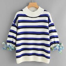 Shein Drop Shoulder Tied Cuff Striped Jumper