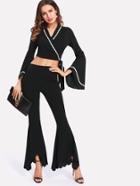 Shein Wave Tape Accent Crop Wrap Top & Flare Pants Set