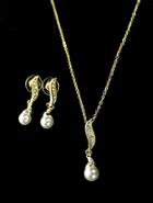 Shein Gold Pearl Crystal Leaf Necklace With Earrings