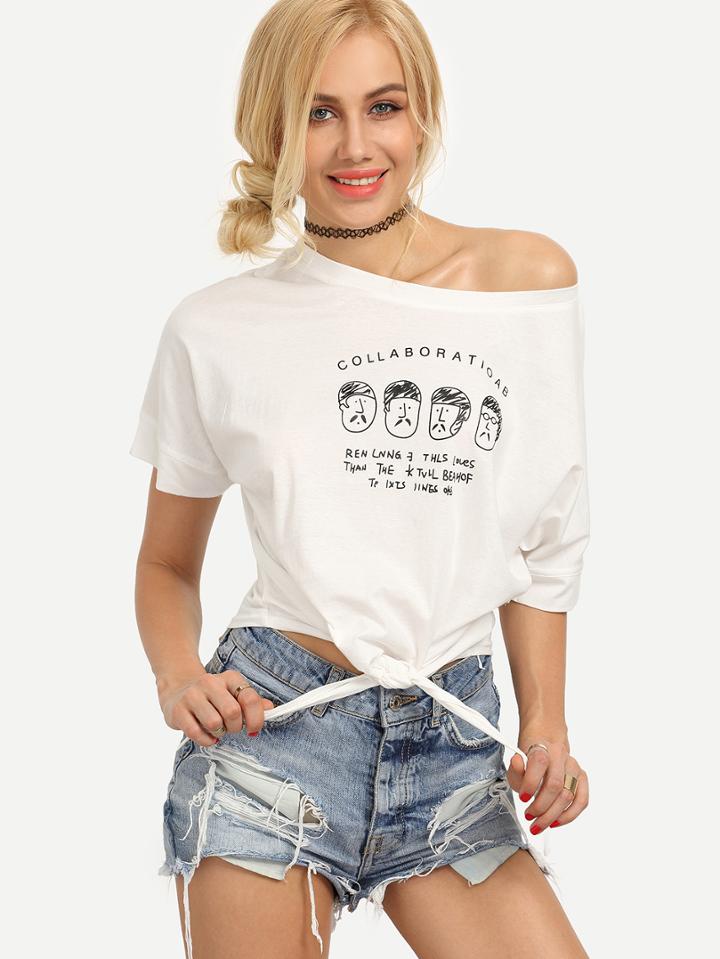 Shein Knot-front Cartoon Portrait Print T-shirt - White
