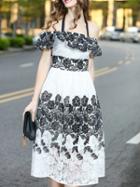 Shein Halter Ruffle Flowers Embroidered Lace Dress