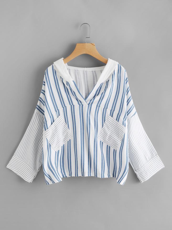 Shein Batwing Sleeve Striped Hooded Blouse