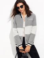 Shein Heather Grey Striped Trim Fluffy Panel Bomber Jacket