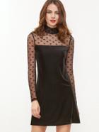 Shein Black Keyhole Back Polka Dot Mesh Sleeve Cord Dress