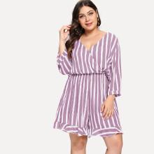 Shein Plus Rolled Cuff Ruffle Hem Striped Romper