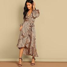Shein Shawl Collar Surplice Wrap Flounce Zebra Dress