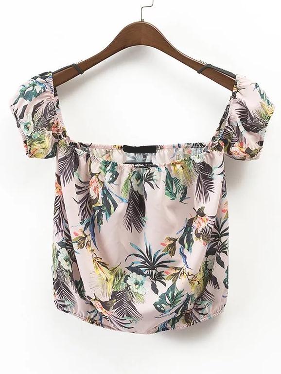 Shein Boat Neckline Tropical Print Shirred Hem Top