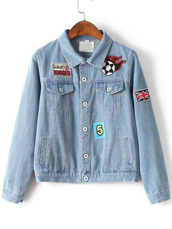 Shein Light Blue Patch Embroidery Denim Jacket