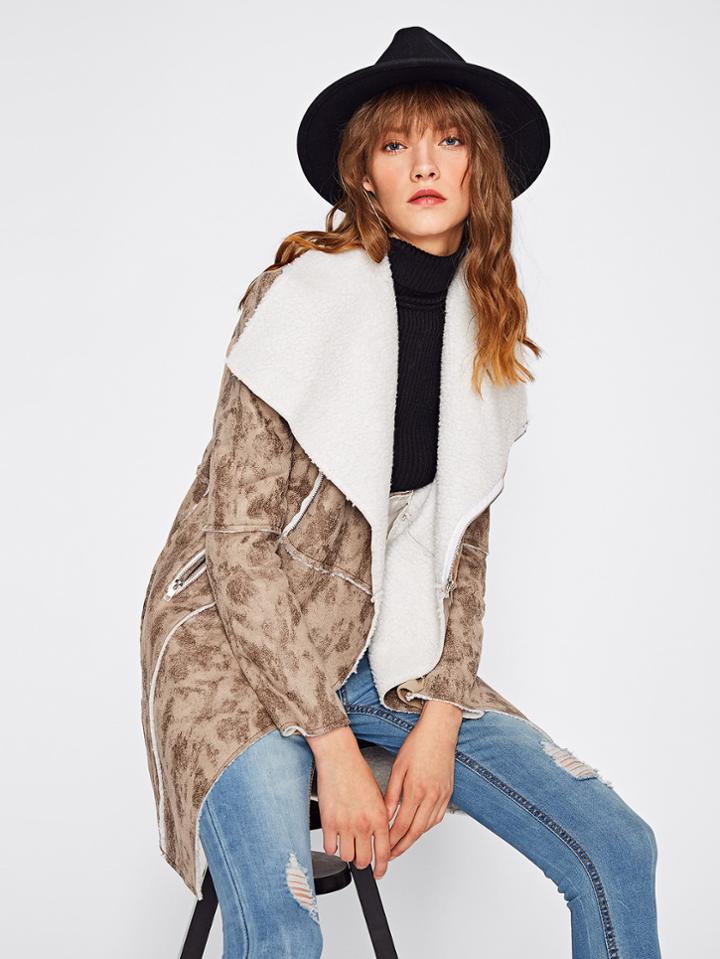 Shein Drape Collar Zip Pocket Faux Shearling Coat