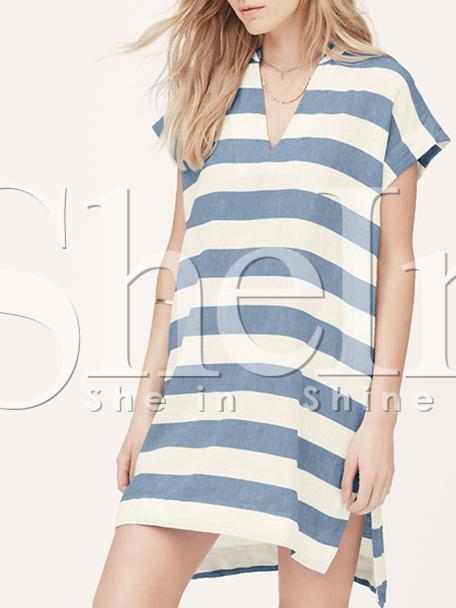 Shein White Blue Short Sleeve V Neck Striped Dress
