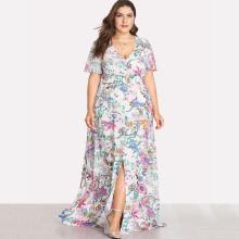 Shein Plus Button Front Shirred Waist Slit Botanical Dress