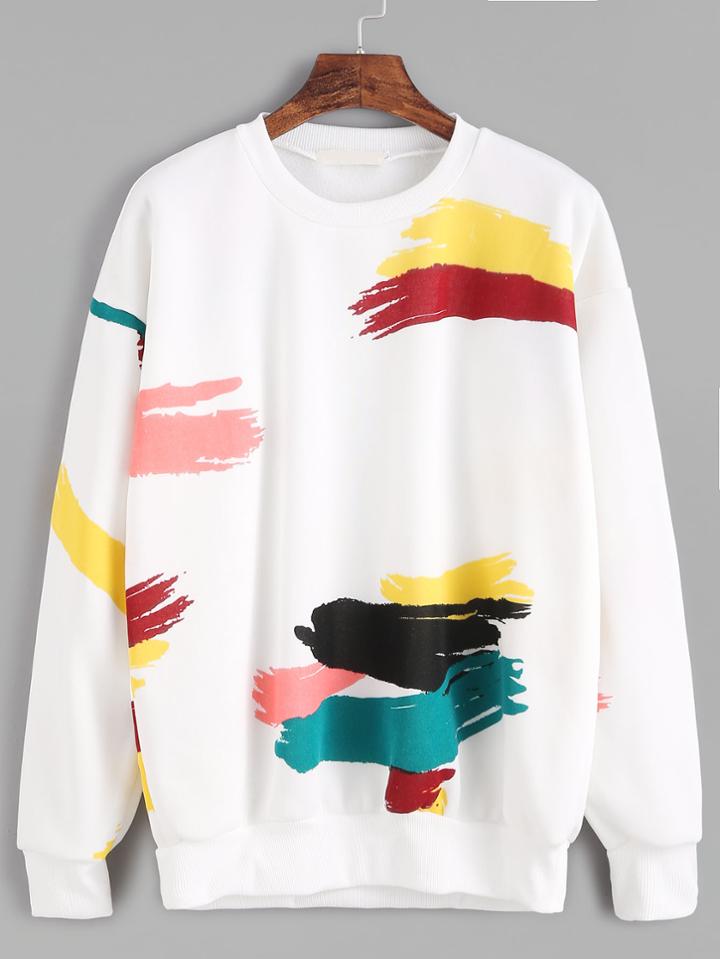 Shein White Random Print Drop Shoulder Seam Sweatshirt