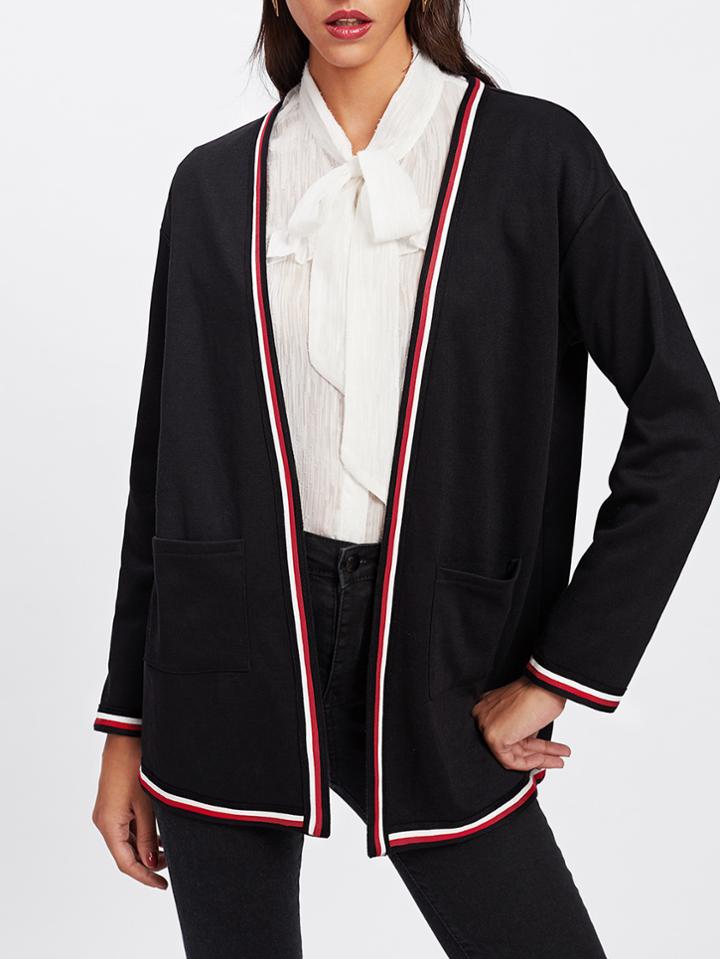 Shein Striped Trim Open Front Knit Coat