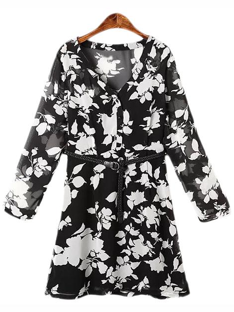 Shein Black White V Neck Floral Print Dress