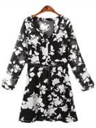 Shein Black White V Neck Floral Print Dress