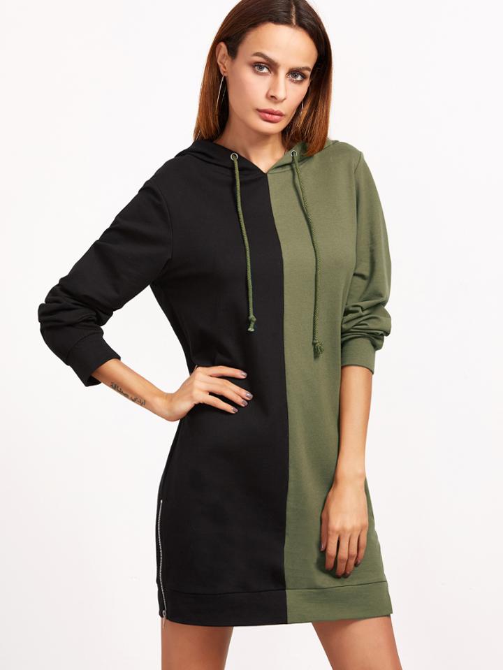 Shein Contrast Zip Slit Side Hoodie Dress