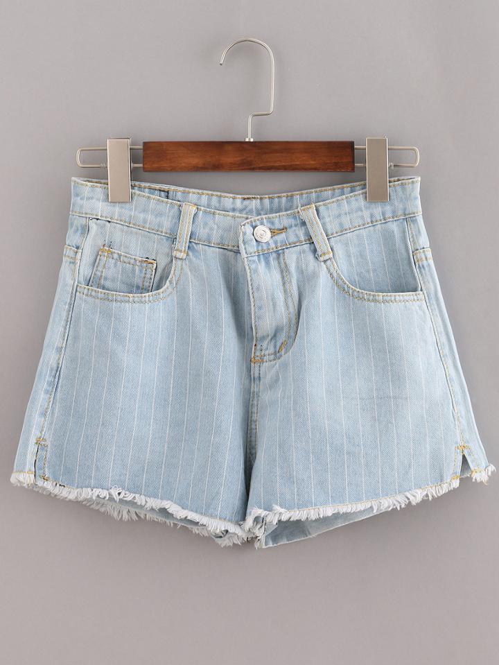 Shein Raw Hem Vertical Striped Light Blue Denim Shorts